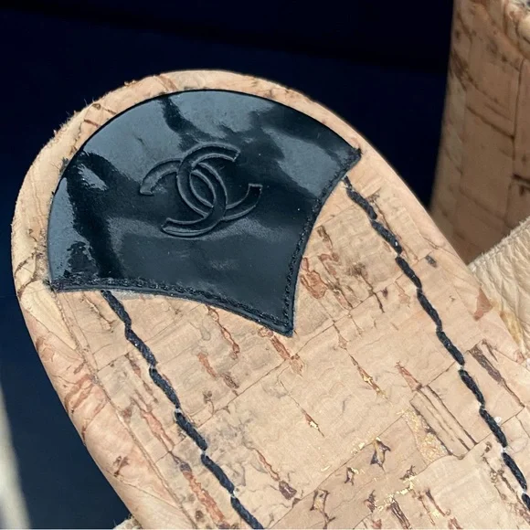 CHANEL Vintage Authentic Striped Fabric Platform Wedge Sandals w/ Cork Sole - Picture 9 of 15